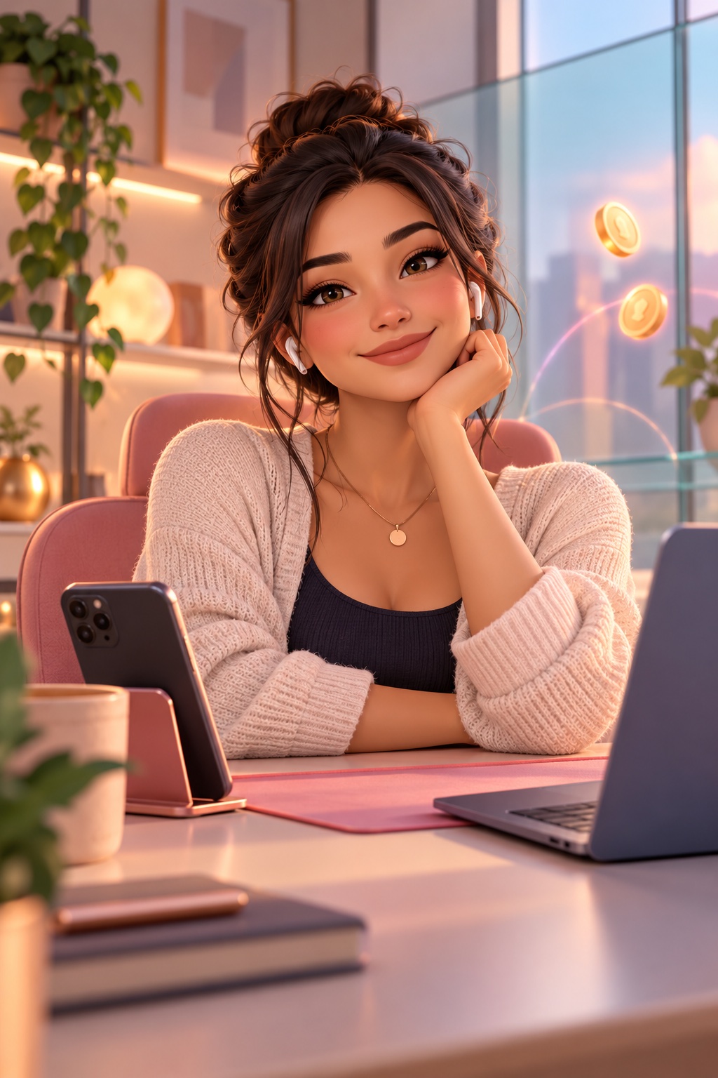 An adult phizley host avatar ready to receive safe calls from a warm creator desk.