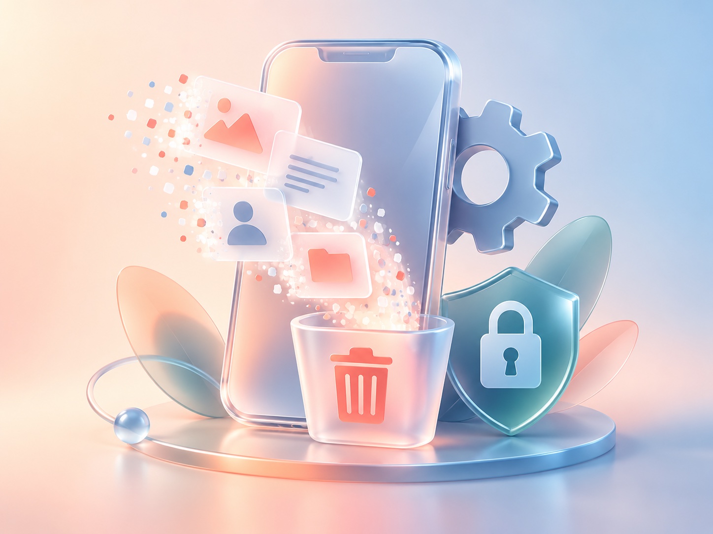 Abstract glass phone with settings, privacy lock, and account data cards dissolving to show deletion control.