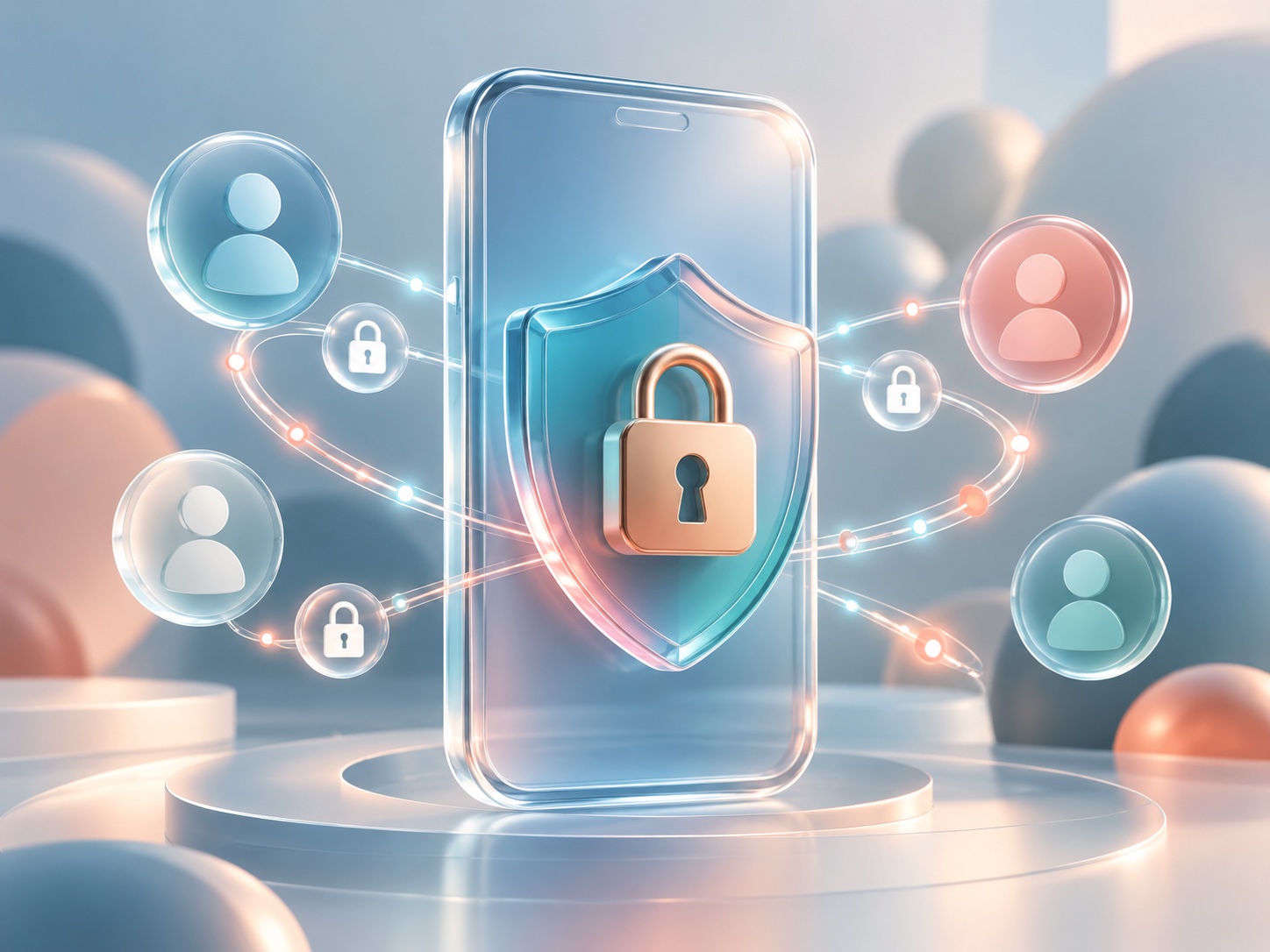 Abstract glass phone with lock, shield, and private profile tokens representing Phizley privacy controls.