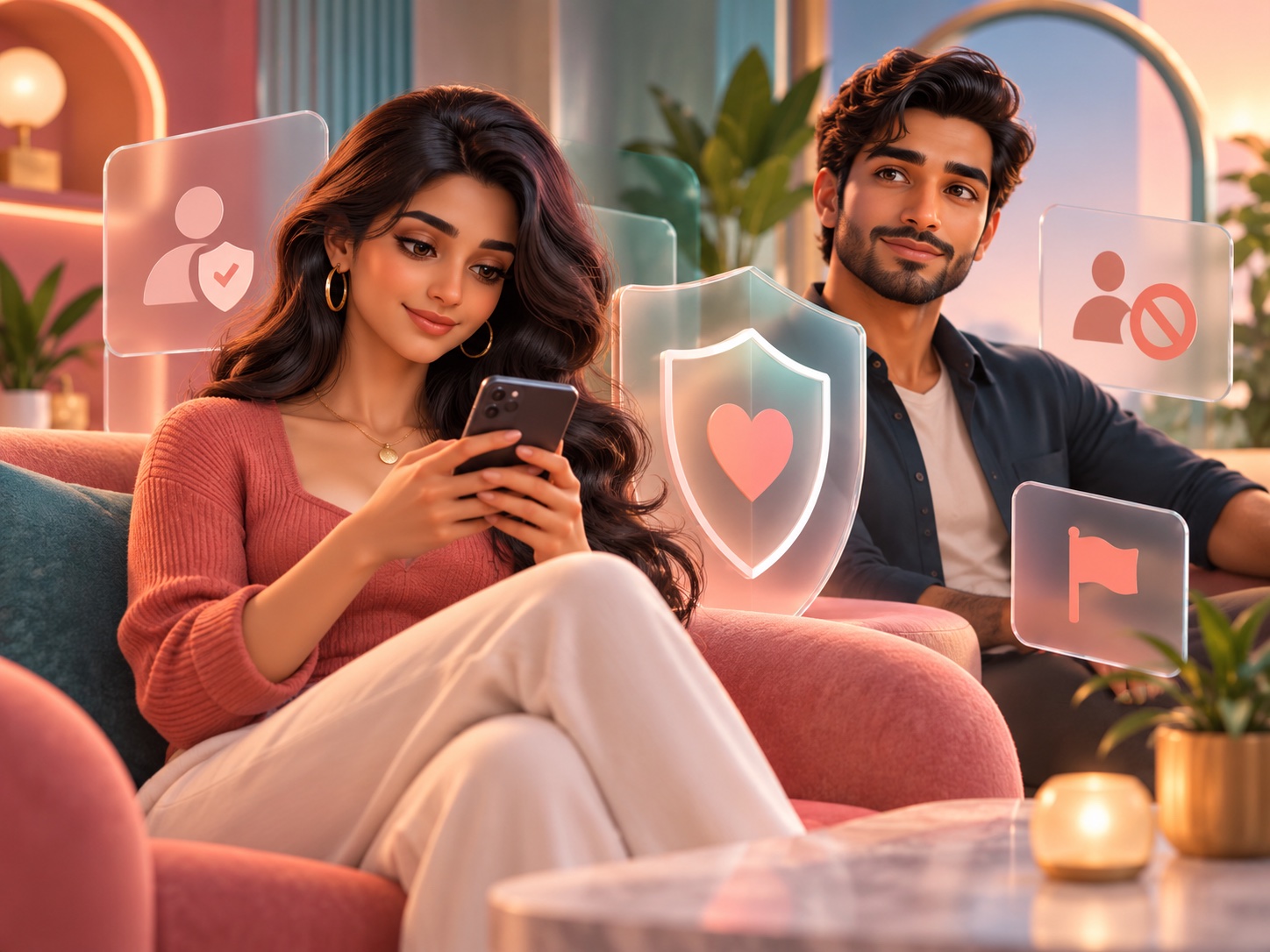 Adult avatar users with privacy shields and moderation cues for Phizley safety.